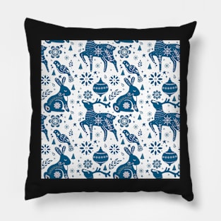 Nordic Christmas 2 / Blue Deer & Rabbit on White Pillow