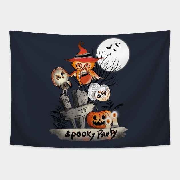 Cute Owls’ Spooky Party _ what we do at Halloween Night _ Ink Illustration Tapestry by Shadesandcolor