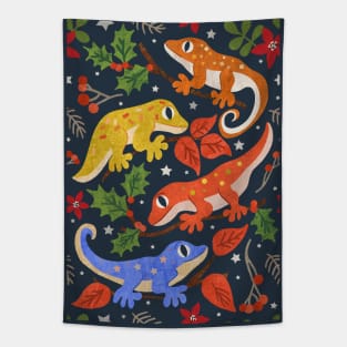 Colourful Christmas Geckos with Holly on Dark Blue Tapestry