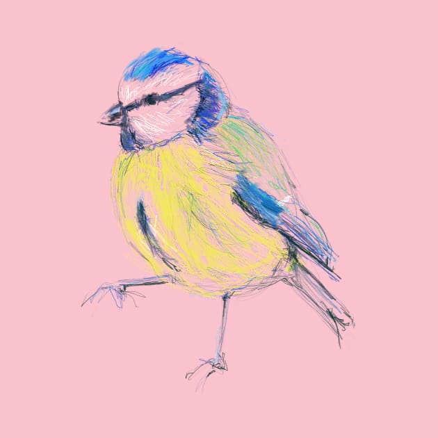 Bluetit Garden Bird on one leg by AshleyWilksArt