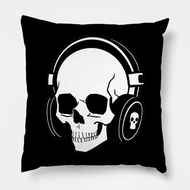 Skull With Headphones, Black and White | Listening Music Pillow by General Corner