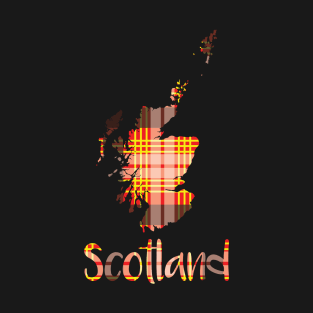 Scotland Red, Yellow, Black and White Tartan Map Typography Design T-Shirt