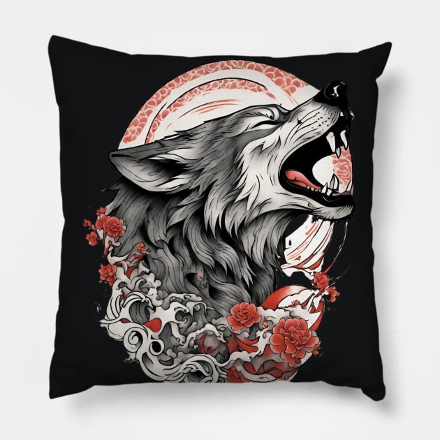 Vintage Japanese Tattoo Art Howling Wolf Pillow by Tina