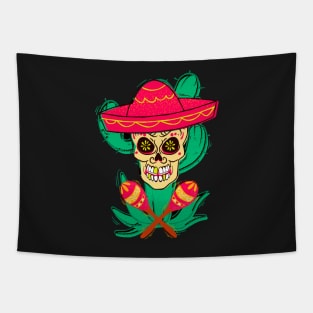 Mexican sugar skull with hat and maracas. Tapestry