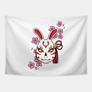 Blossoming Habits: A Cherry Blossom Japanese Mask Tapestry
