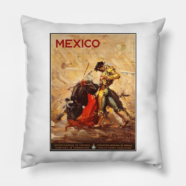 Matador and Bull - Vintage Mexico Travel Poster Design Pillow by Naves