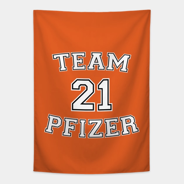 Vaccine pride: Team Pfizer (white college jersey typeface with black outline) Tapestry by Ofeefee