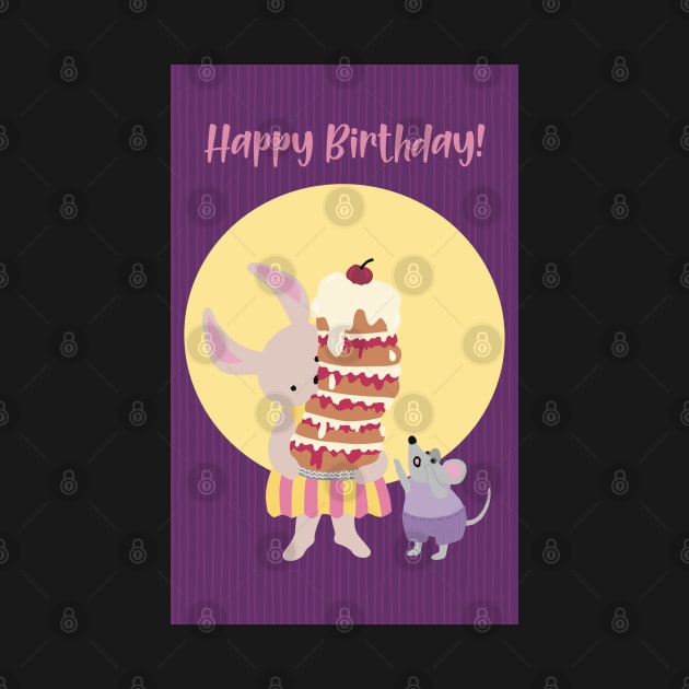 Happy Birthday card, greeting card, with a rabbit holding a high cake that almost will fall by marina63