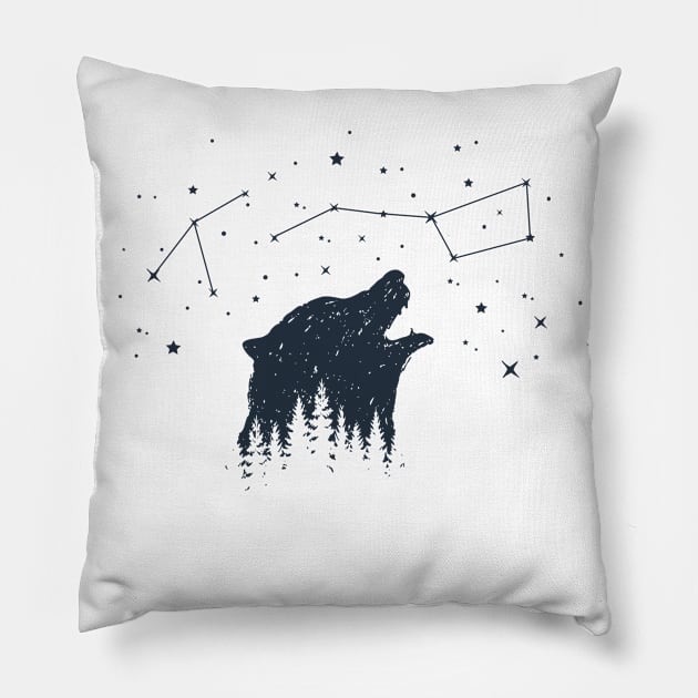 Inspirational Illustration With Bear, Stars And Forest In Double Exposure Style Pillow by SlothAstronaut