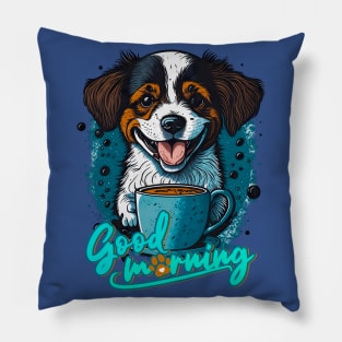 cute puppy waits with the first tea of the day Pillow