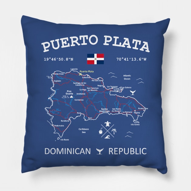 Puerto Plata Dominican Republic Flag Travel Map Coordinates GPS Pillow by French Salsa