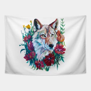 Wolf painting floral wreath, nature lover design Tapestry