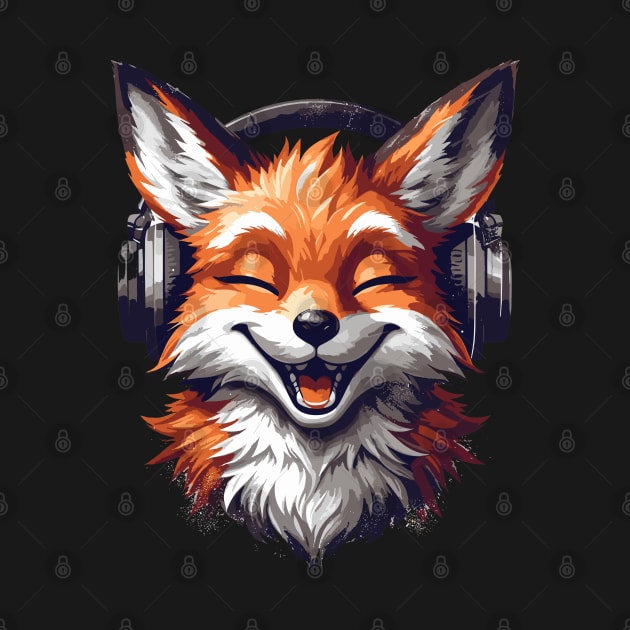 Funny Smiling musical fox wearing headphones by TomFrontierArt