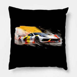 Arctic White C8 Corvette racecar on a race track Supercar Sports car Racing car Pillow