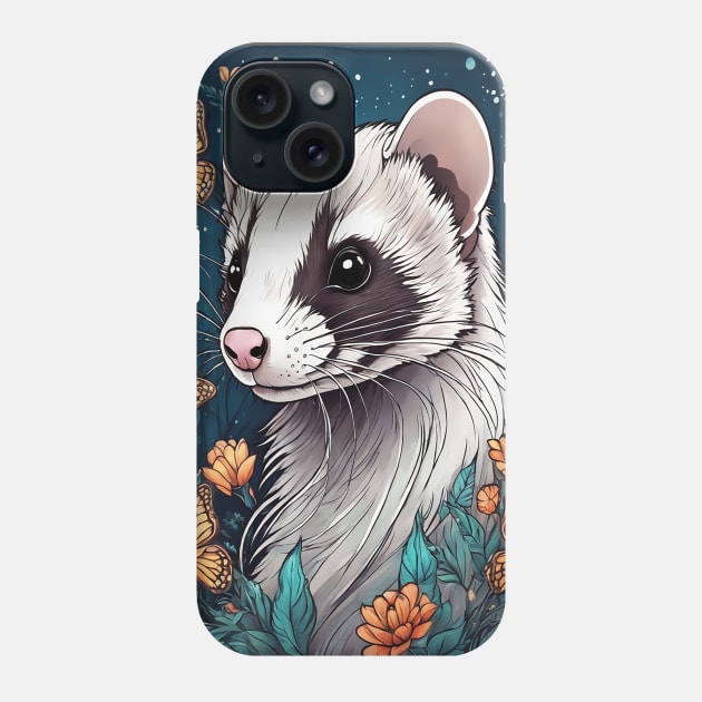 Ferret In Cottage Core and Filigree Style Art Phone Case by BirdsnStuff