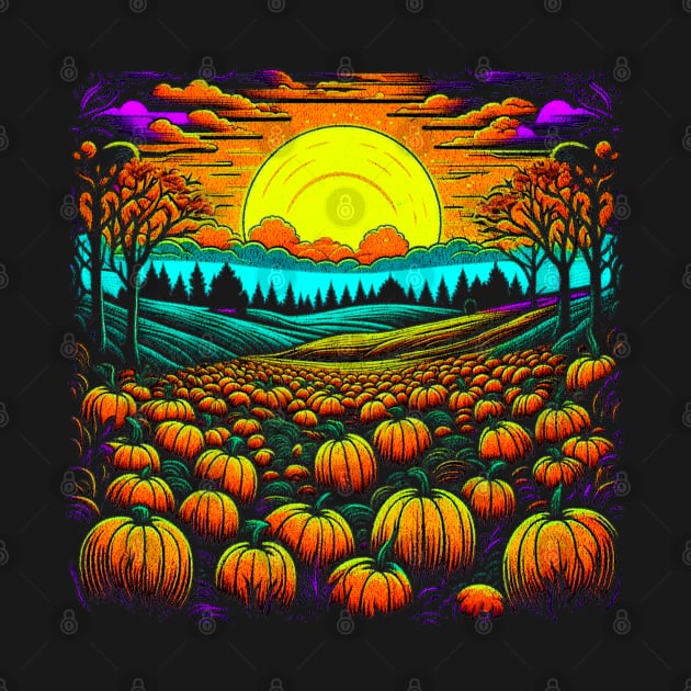 Vintage Retro Sunset Of Pumpkins in the Patch by vystudio