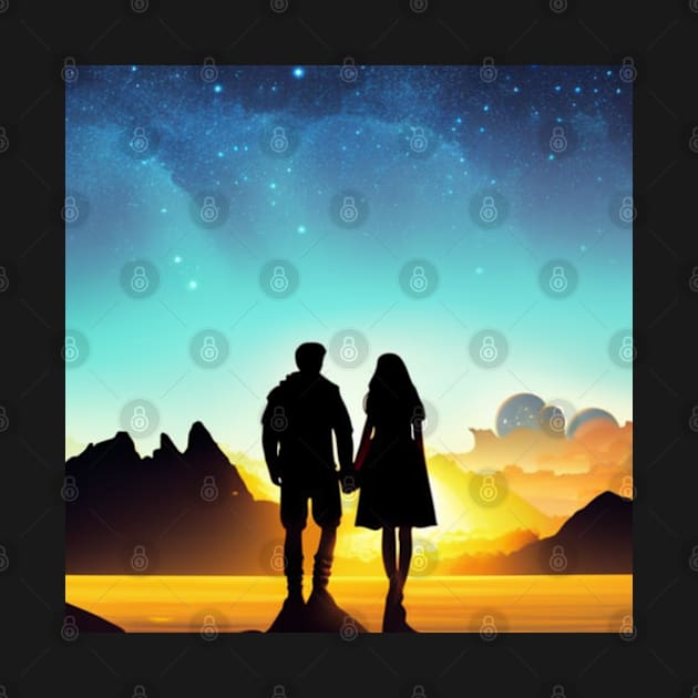 Valentine Wall Art - Watching the sunrise togethert - Unique Valentine Fantasy Planet Landsape - Photo print, canvas, artboard print by DigillusionStudio