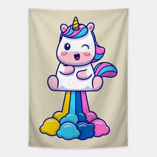 Cute Unicorn Flying With Rainbow Tapestry