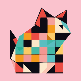 Geometric Cat Colorful Abstract Retro Design T-Shirt