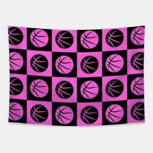 Basketball Ball Checkered Seamless Pattern - Black and Magenta Tones Tapestry