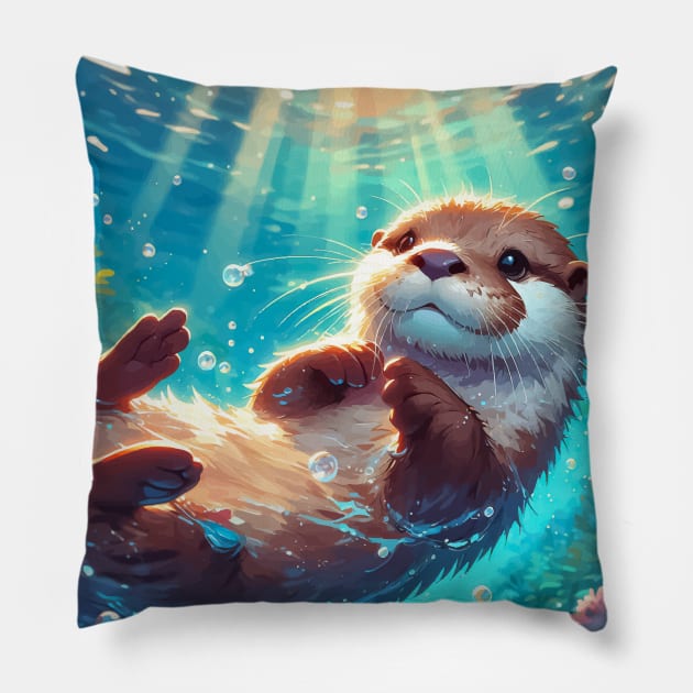 Kawaii Anime Otter Diving Pillow by TomFrontierArt