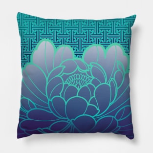 aqua peony with traditional japanese pattern Pillow