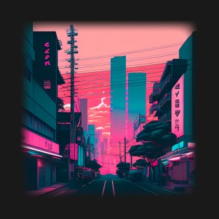 Vaporwave Japanese City Retrowave 80s 90s Style Illustration Image T-Shirt