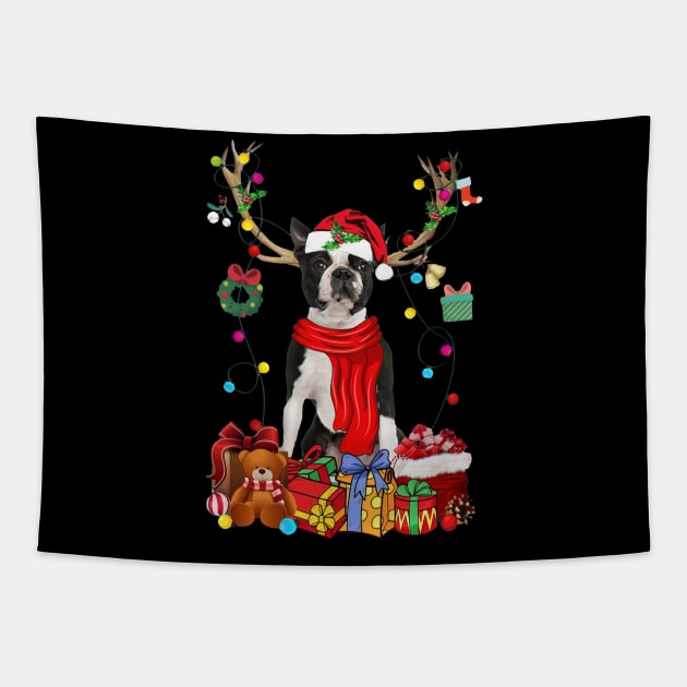 Black Boston Terrier Reindeer Santa Christmas Color Lights Tapestry by cogemma.art