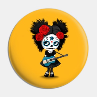 Sugar Skull Girl Playing Honduras Flag Guitar Pin