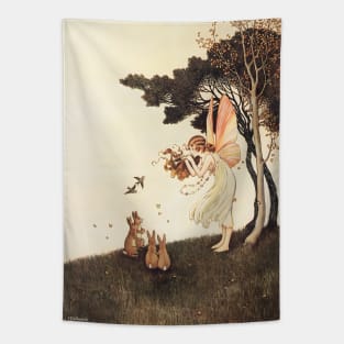 Fairy playing music to rabbits and birds Tapestry