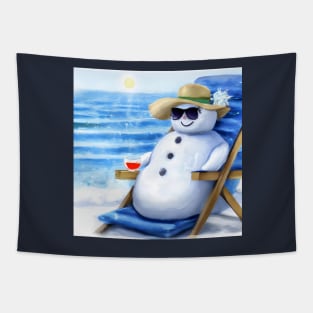 Snowman Chilling on the Beach with a Cocktail Tapestry