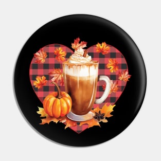 I Love My Pumpkin Spice Chai Latte, No Text, Plaid Heart, Falling Leaves , Watercolor art Pin