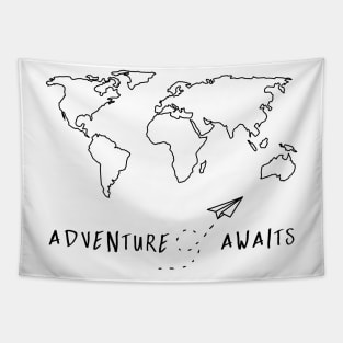 Adventure Awaits Map - Black Minimal Tapestry