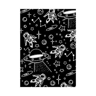 Black And White Cosmic Lineart Astronaut T-Shirt