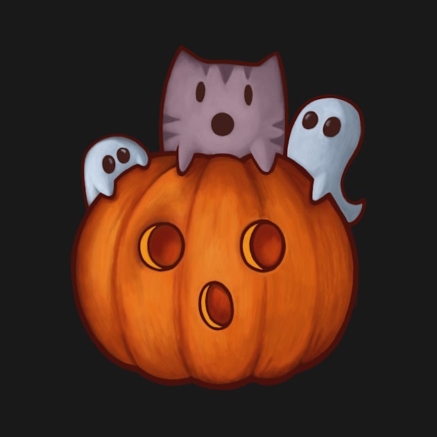 Cute cat and pumpkin with spooky ghosts Halloween by Mazz8 Designs