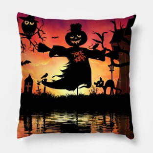 Funny halloween design with scarecrow, cat, and owl Pillow