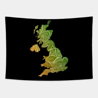Colorful mandala art map of United Kingdom with text in green and orange Tapestry