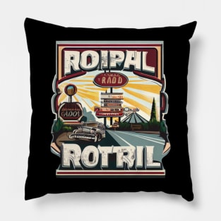 A graphic that captures the vintage vibe of a classic road trip, complete with iconic roadside attractions and retro typography. Pillow