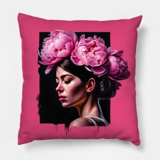 Flower girl with pink peonies Pillow