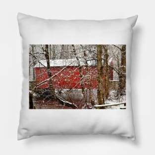 Red Ashland Delaware Covered Bridge in the Snow Pillow