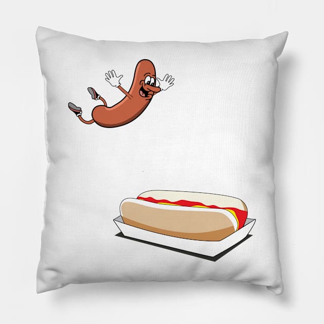 hot dog diving into a bun, hotdog Pillow by Hetsters Designs