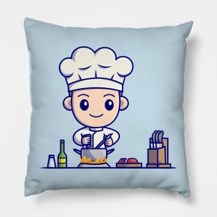 Cute Boy Chef Cooking In Kitchen Cartoon Pillow