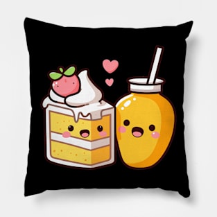 Cute Mango Milkshake and a Mango Cake with Hearts | Kawaii Style Couple Gift Pillow