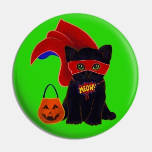 Halloween Kitten Dressed As A Superhero Costume Pin