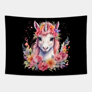 A unicorn decorated with beautiful watercolor flowers Tapestry