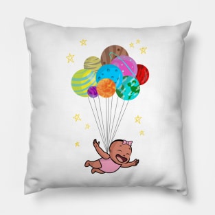 Balloon Planets And Smiling Flying Baby Girl Pillow