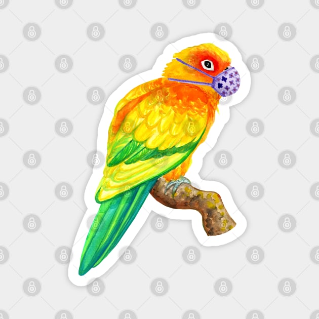 Sun Conure Parrot Wearing Face Mask Watercolor Magnet by IvyLilyArt