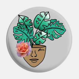 Surreal Monstera House Plant Person with Pink Rose Pin