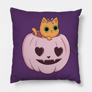 pink pumpkin orange cat heart halloween coquette dollette Pillow