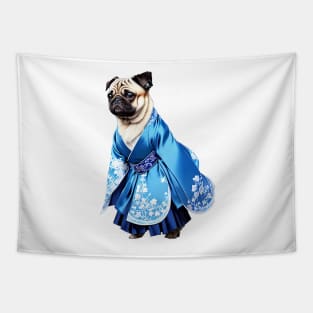 Regal Pug in Blue Hanbok with Intricate Embroidery Tapestry